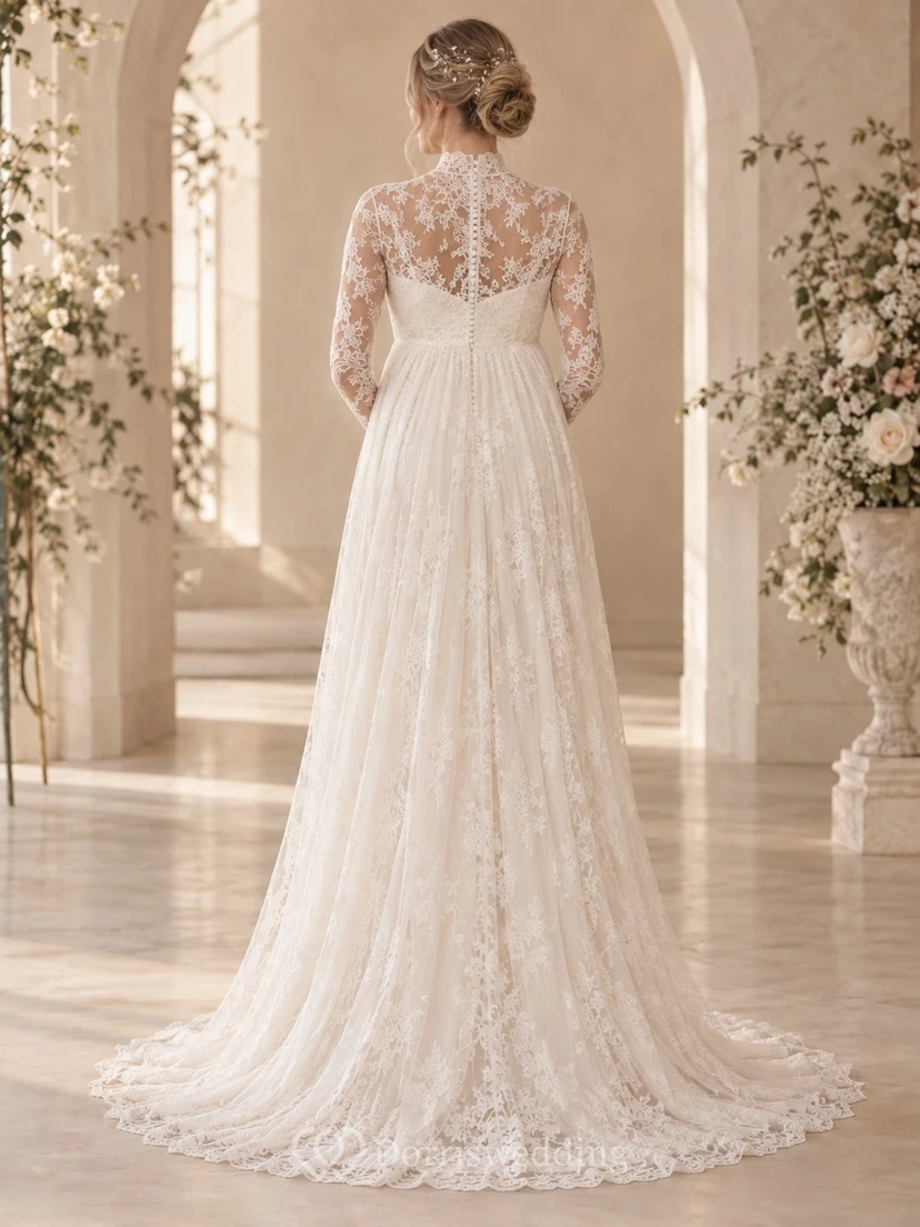 Robe de mariée de maternité modeste en tulle fleuri à col montant et manches longues, style robe de mariée ... en tulle à fleurs, col montant et manches longues. view 2