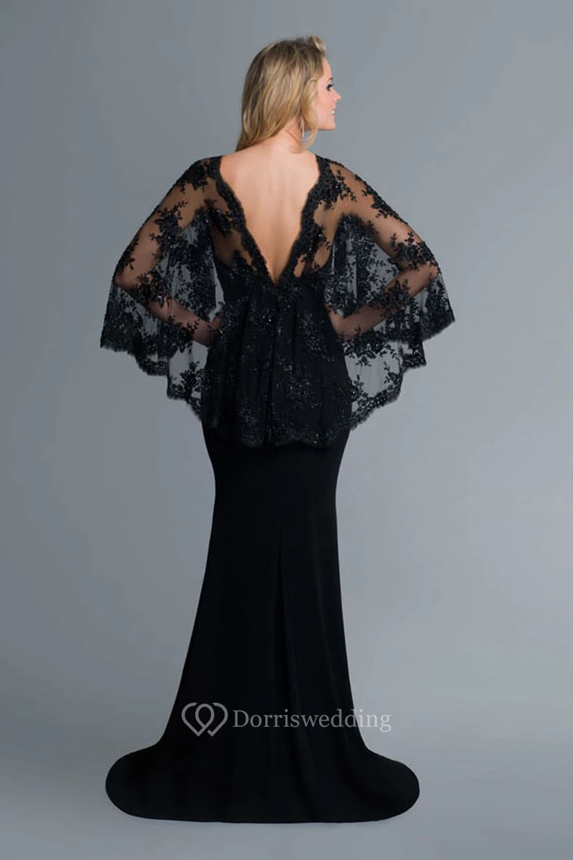 Sheath Long Jersey Deep-V Back Dress With Lace And Cape view 2