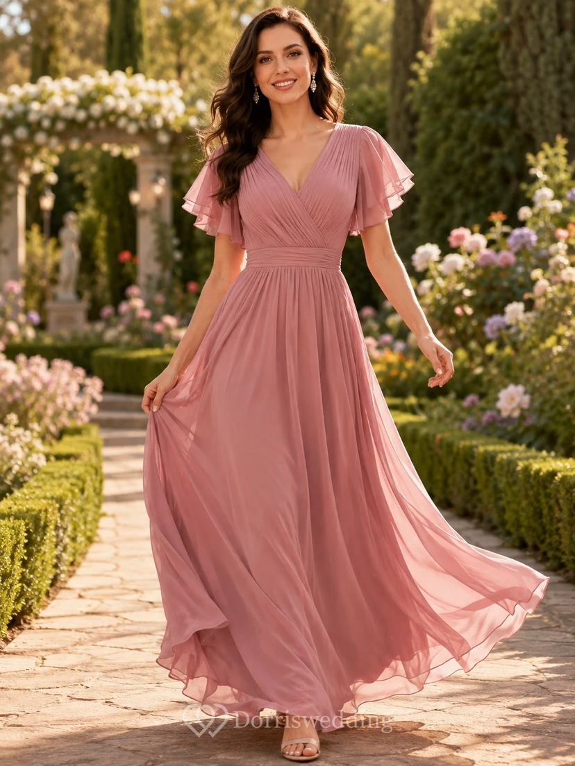 Vestido elegante de fiesta largo hasta el suelo, de gasa, corte en A, con escote en V y mangas con volantes, color rosa empolvado.
