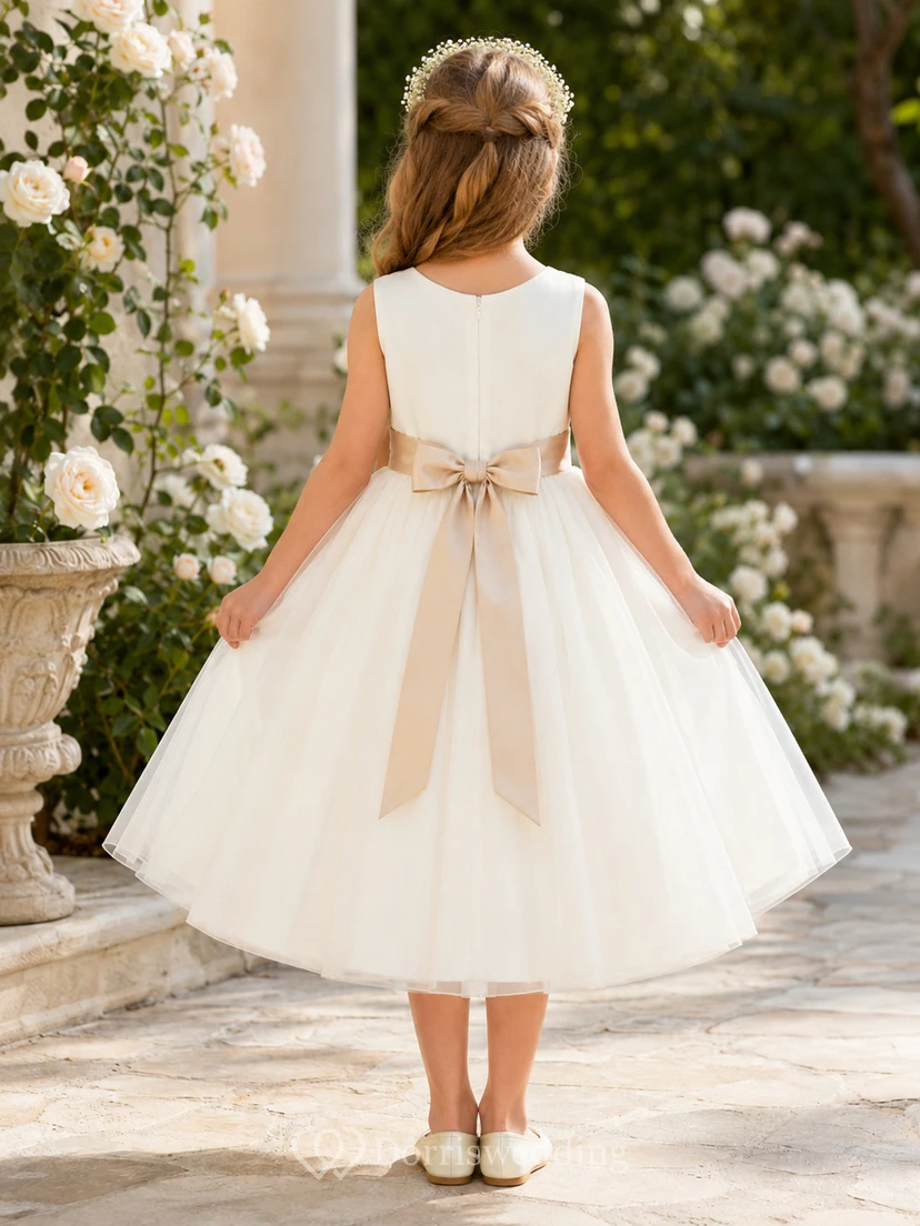 Flower Girl Dress Ivory Tulle A-Line Jewel Neck Tea Length Bow Detail Sash Detail view 2