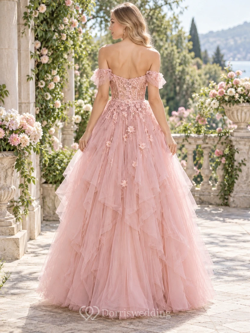 Fairy Dusty Rose Off Shoulder Floral Cascading Tulle Prom Dress view 2
