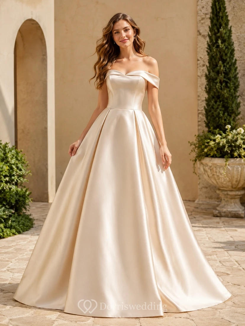 Champagne Satin Off Shoulder Short Sleeve Ball Gown Dress