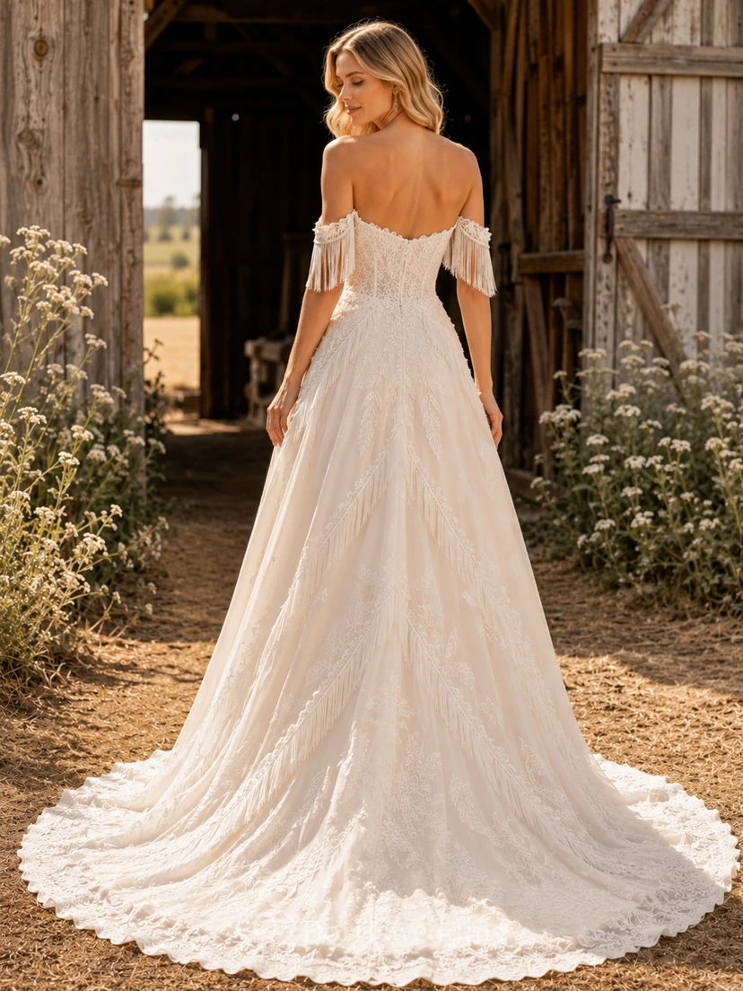 Vestido de novia de tul y encaje campestre, corte en A, tirantes finos, cola larga y espalda en V baja. view 2