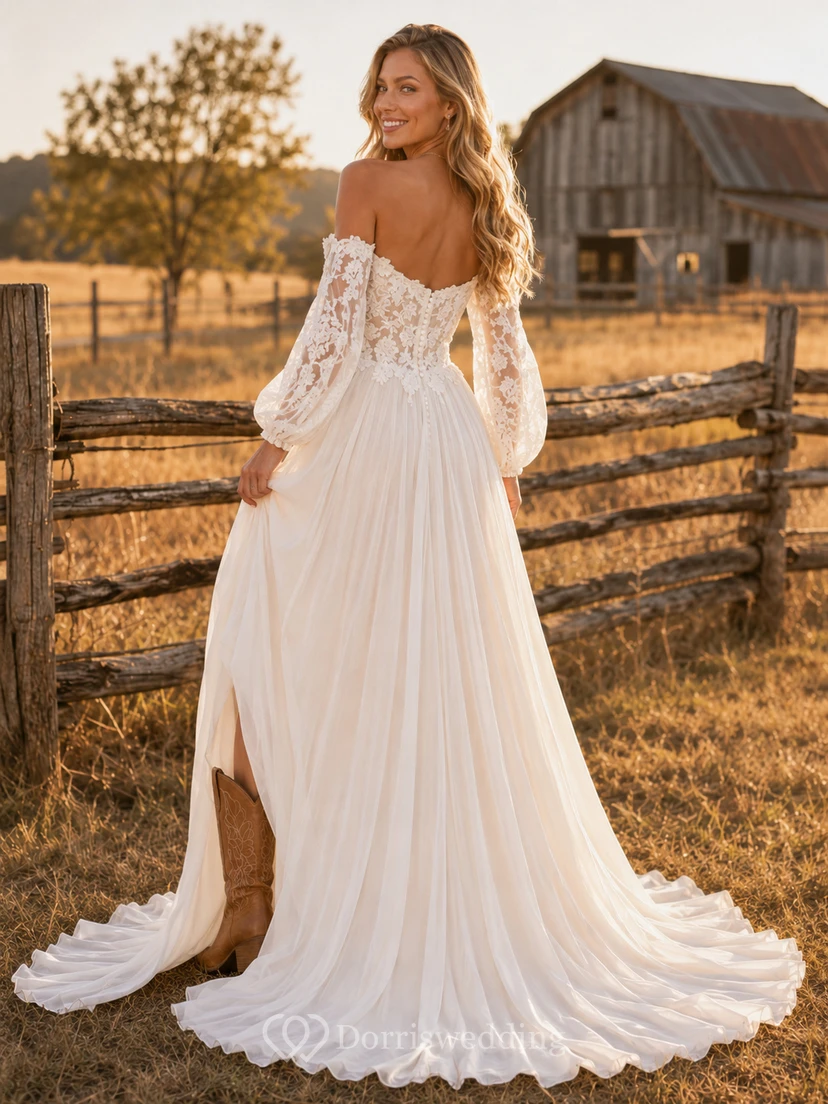 Maternity Wedding Dress Off Shoulder A-Line Tulle Gown with Lace Bodice and Sweep Train view 2