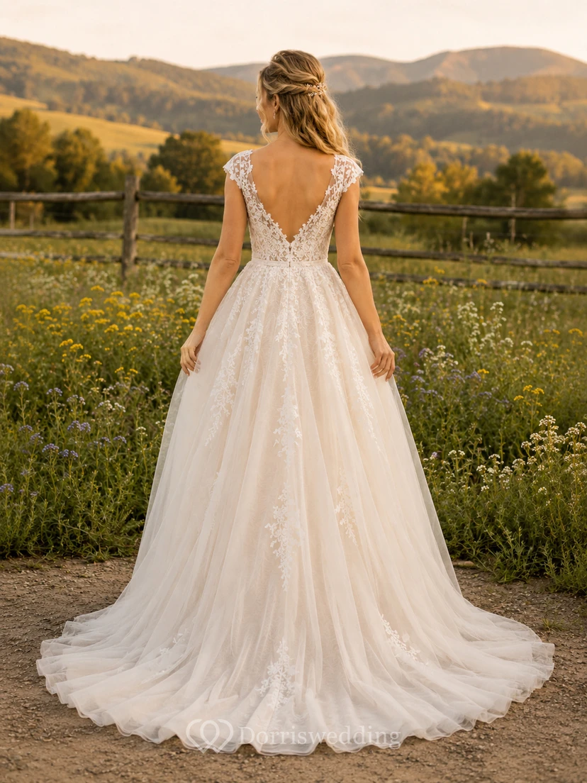 Umstandsbrautkleid, schulterfrei, Glockenärmel, Spitze, Berg-Brautkleid mit Schleppe view 2