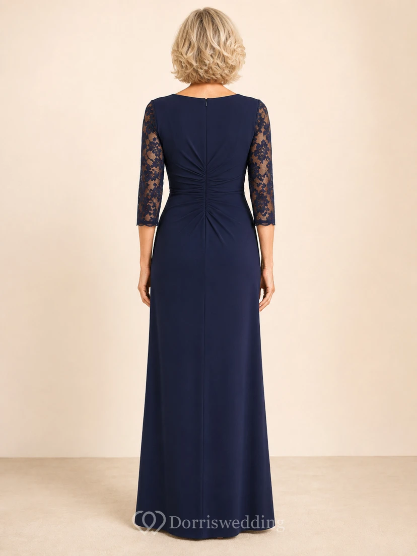 Dark Navy Floor-Length Sheath Elegant Mother of the Bride Gown with V-Neck Three-Quarter Lace Sleeves and Diagonal Ruching view 2