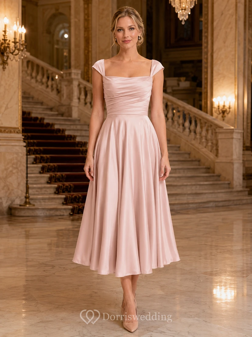 Blush Wide Strap Satin A Line Ballet Night Midi Dress