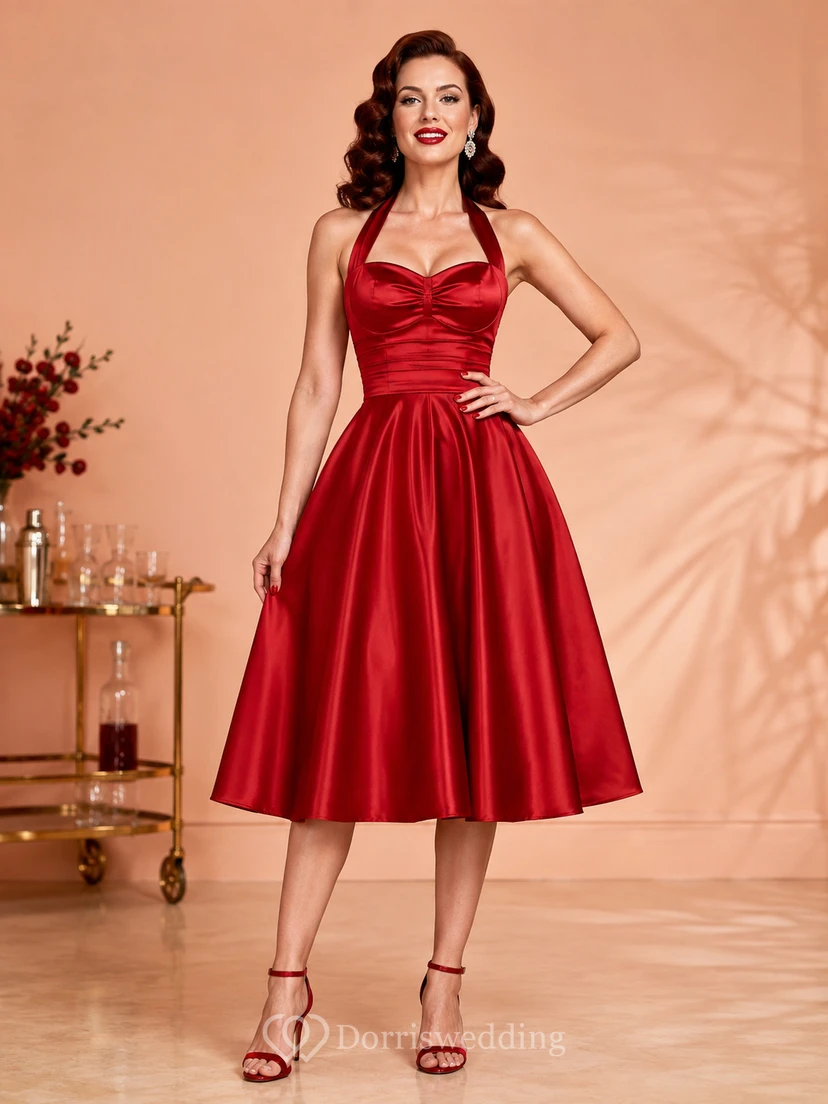 Vestido de cóctel vintage rojo escarlata con escote halter, espalda descubierta y fruncido, de satén, corte en A, largo hasta la rodilla.