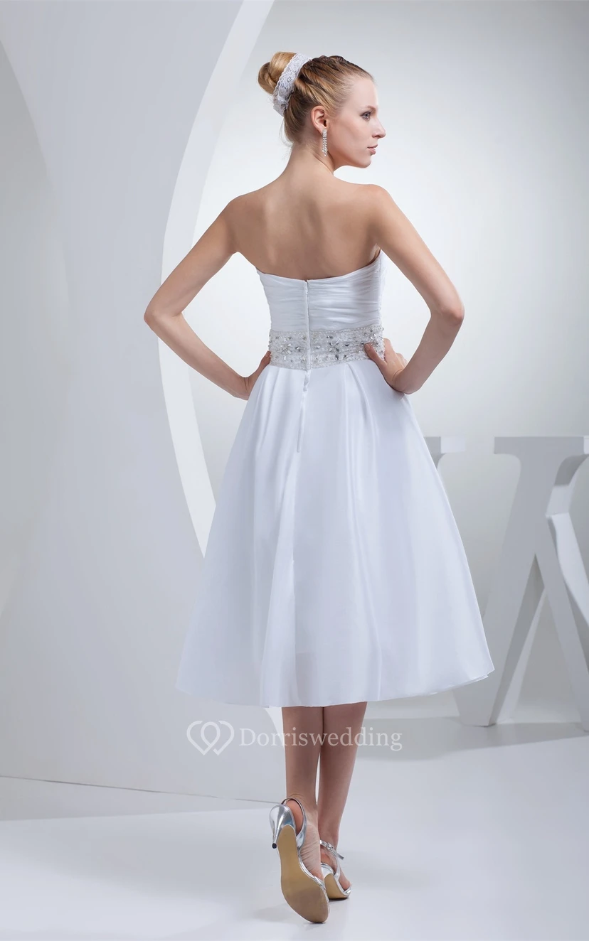 Sweetheart A-Line Tea-Length Jeweled Waist and Dress With Ruching view 8