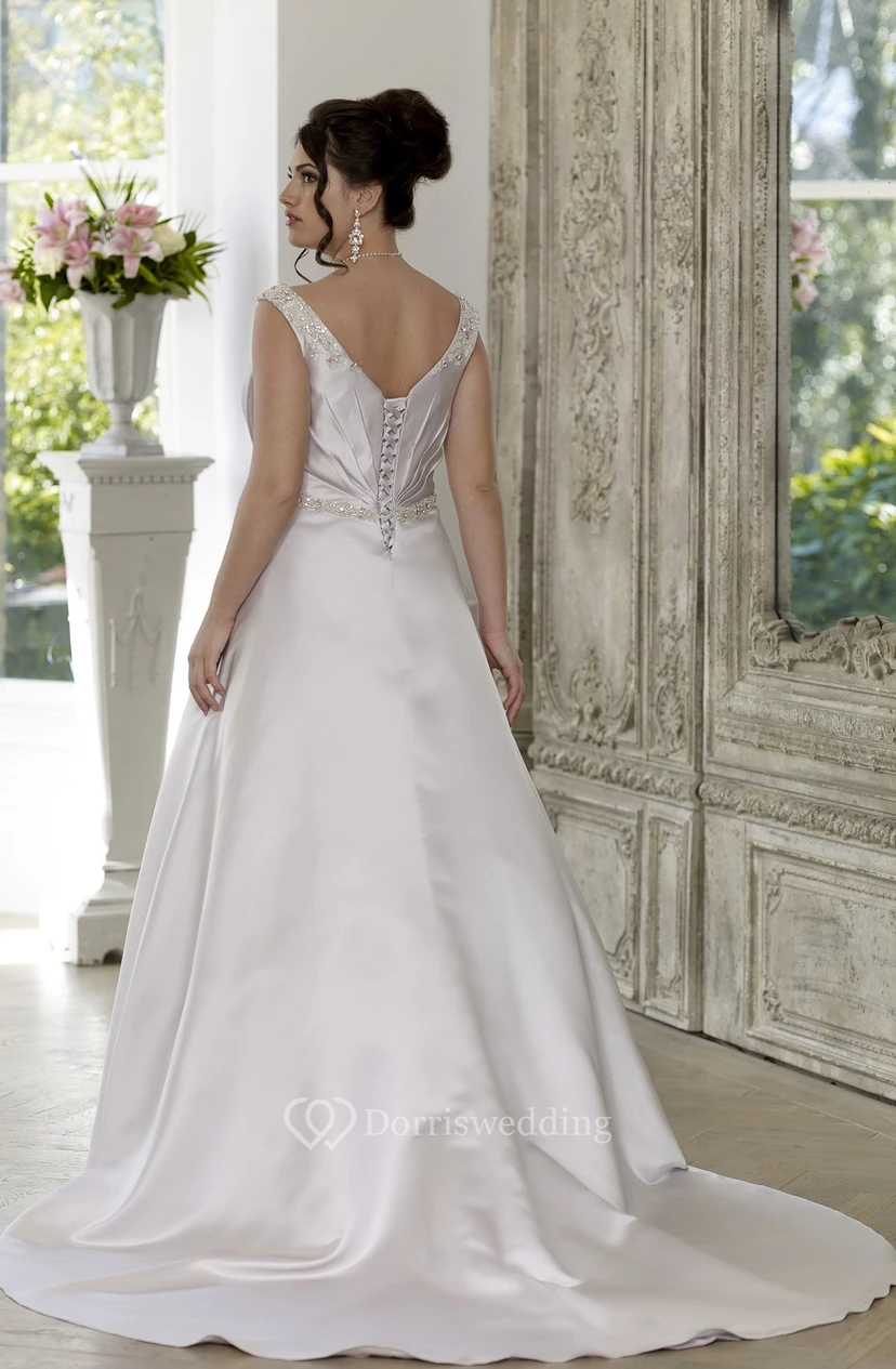 A-Line Floor-Length Scoop Neck Sleeveless Satin Court Train Lace-Up Back Draping Dress view 2
