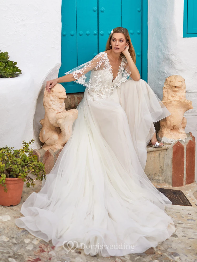 Fließendes Brautkleid aus Tüll im Empire-Stil mit V-Ausschnitt, halben Ärmeln und A-Linien-Schnitt view 3