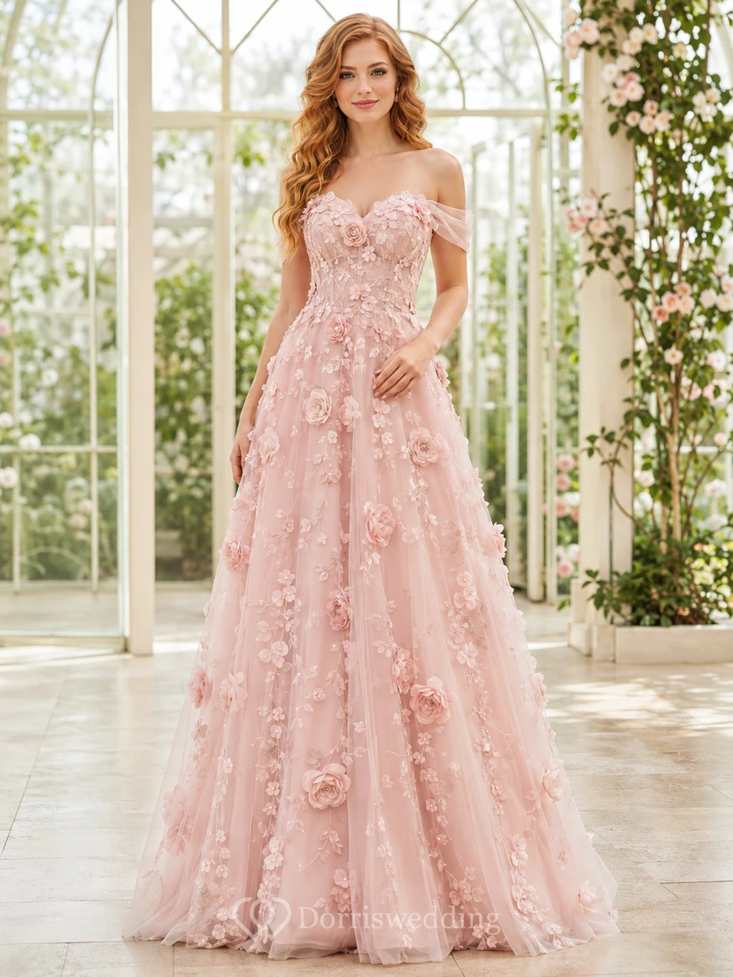 Blush 3D Floral Strapless Tulle A-Line Evening Gown
