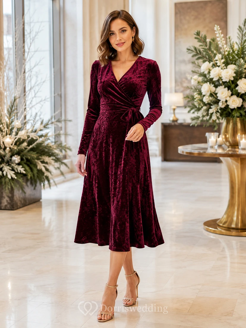 Claret V Neck Long Sleeve Velvet Midi Guest Dress