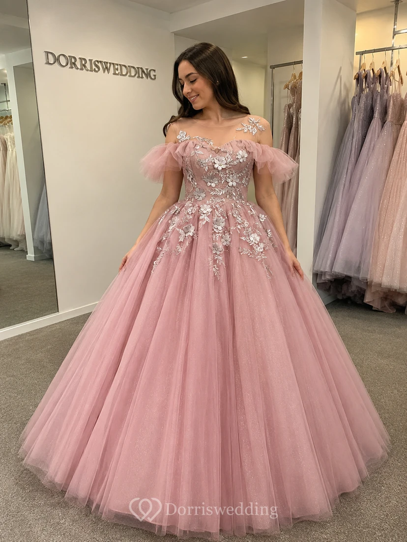 Robe de bal brodée vert clair à épaules dénudées view 8