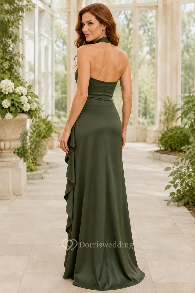 Olivgrünes A-Linien-Kleid mit Neckholder und drapierter Rüsche für Mütter. view 2