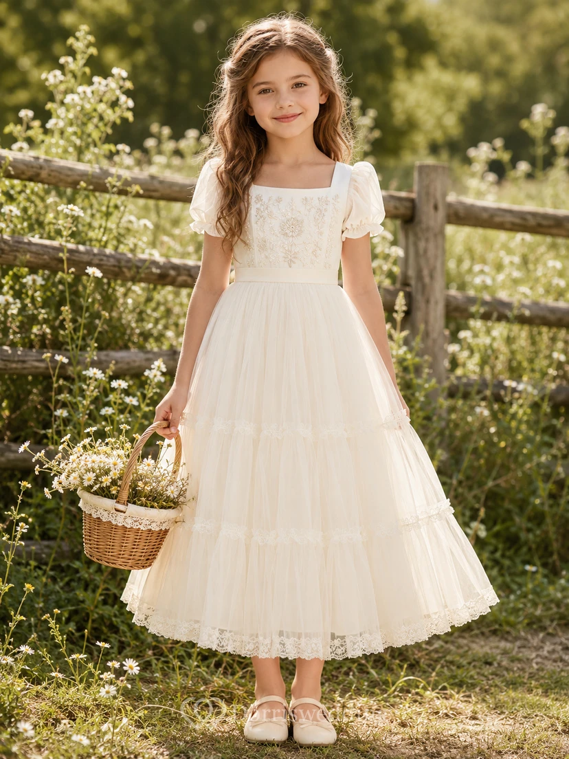 Tiered Tulle A-Line Flower Girl Dress with Short Sleeves, Square Neck, Floor-Length Skirt and Tiered Skirt