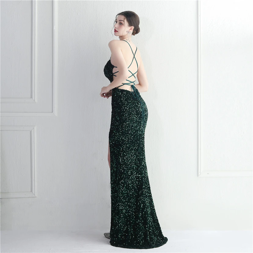 Vestido largo de noche con cola de pez, estilo europeo y americano, con lentejuelas y parte inferior de terciopelo. view 44
