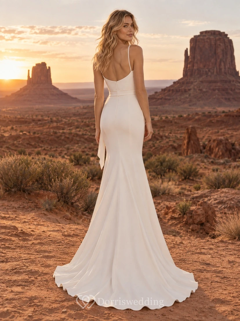 Vestido de novia sencillo de tirantes finos, escote corazón, sin mangas, con fajín y largo hasta el suelo, de crepé elástico. view 2