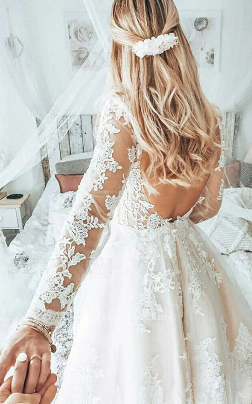 jewel long sleeve drop waist tulle wedding dress Modern Long Sleeve Lace Wedding Dress, Sheer Tulle... From  Missweddingdress, $147.74