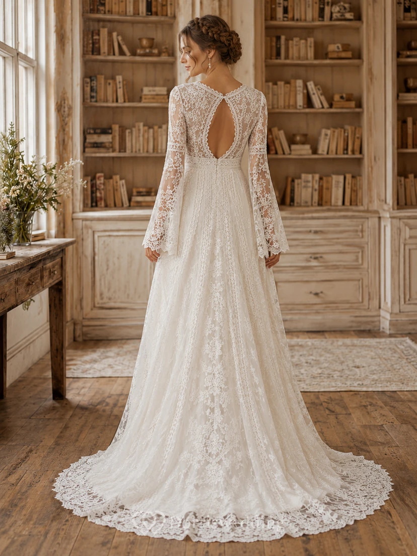 Bohemian V Neck Long Sleeve Lace A-Line Keyhole Back Chapel Wedding Dress view 2