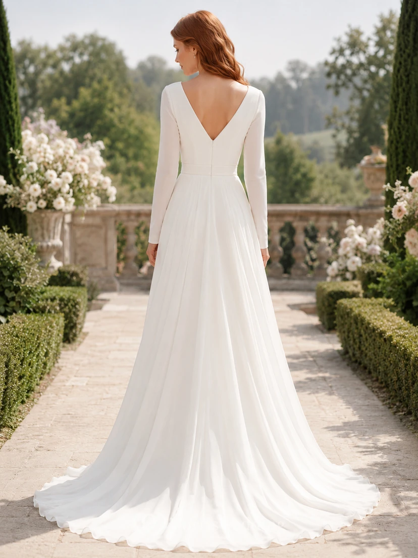 Minimalist Chiffon Wedding Dress A-Line Bateau Neck Long Sleeve Sweep Train Bridal Gown view 2