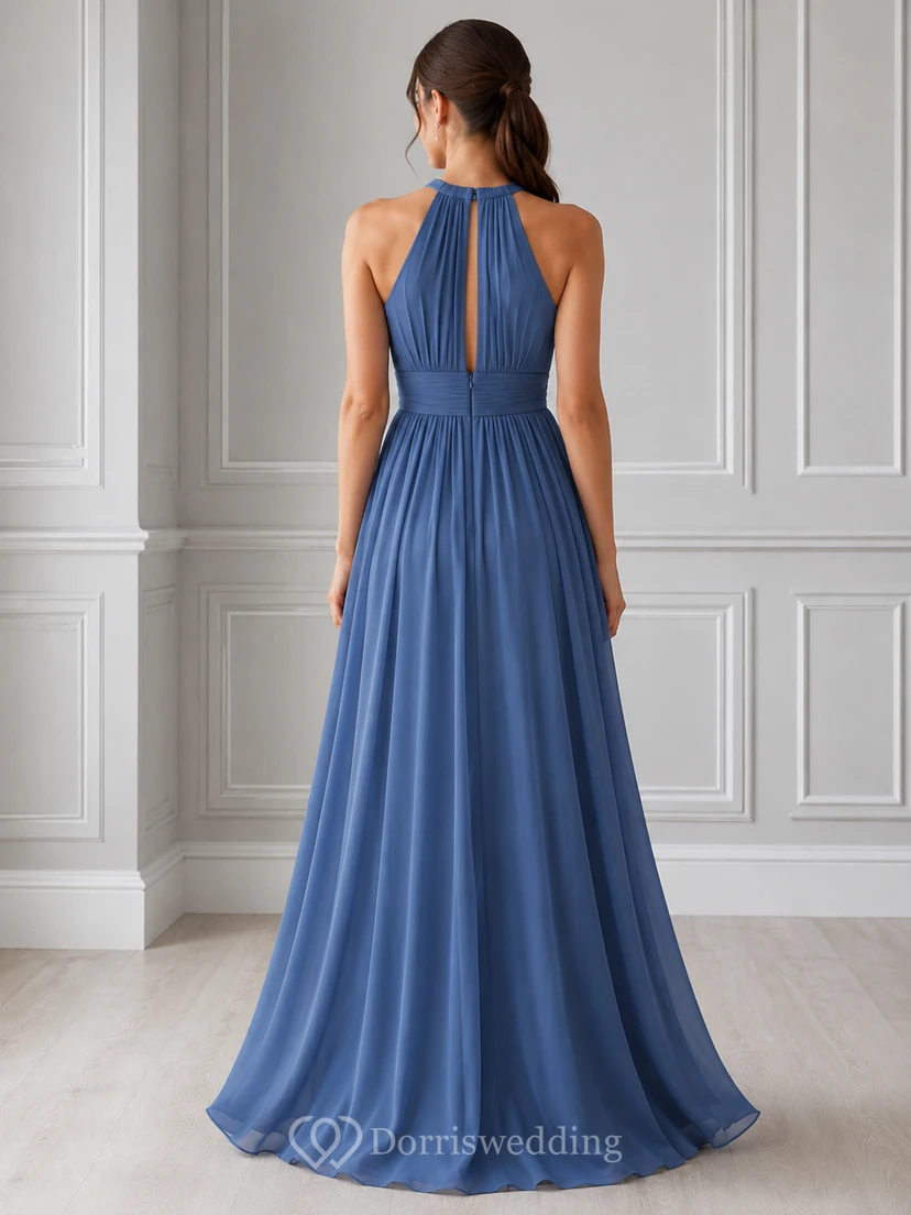 Dusty blue halter keyhole chiffon floor length A-line dress view 2