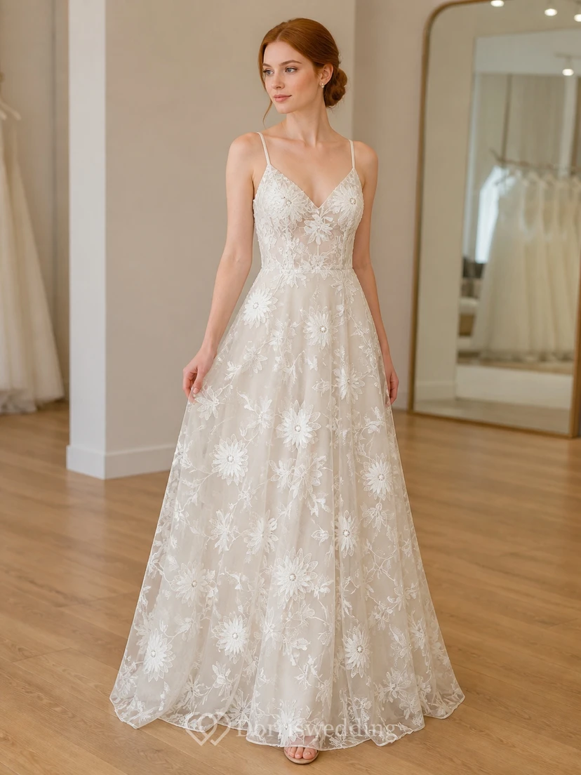 Vestido de novia largo hasta el suelo, estilo bohemio romántico, corte A, tirantes finos, encaje floral y tirantes finos.