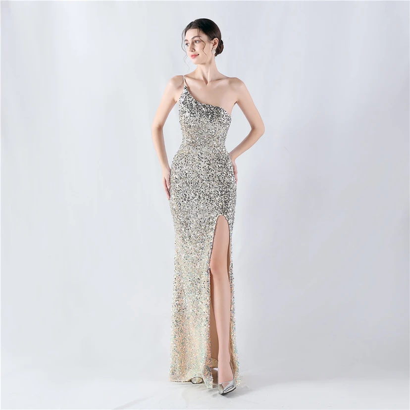 Sexy Abendkleid mit Samtsaum, Farbverlauf, Pailletten, hohem Schlitz und schräger Schulterpartie view 32