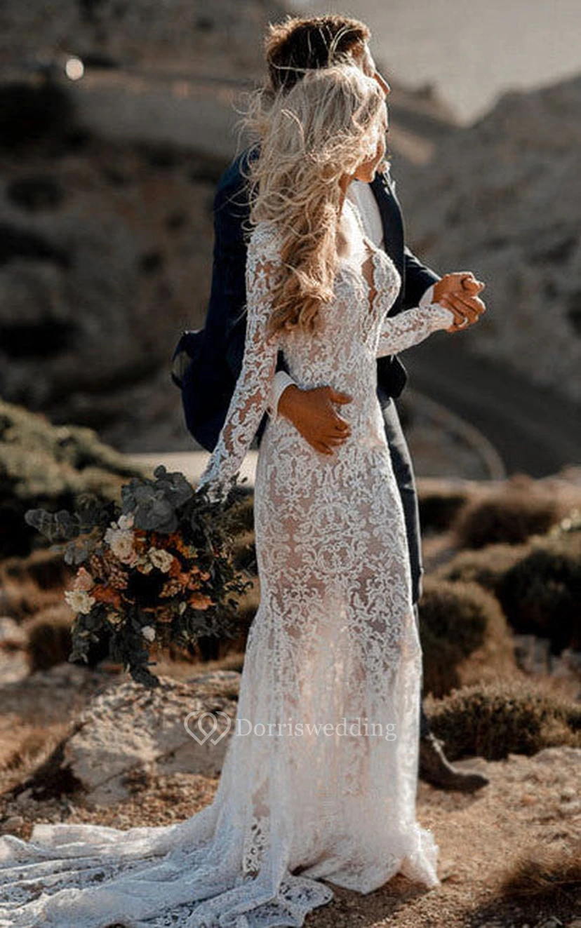 Vestido de novia bohemio de encaje de manga larga | Vestido de novia bohemio blanco occidental con espalda descubierta view 6
