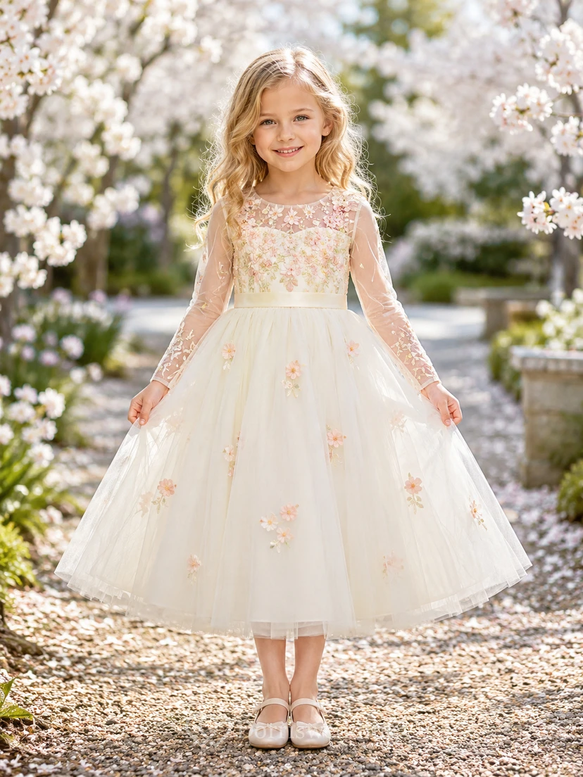 Romantisches, langärmeliges Tüllkleid mit floraler Spitze in Teelänge – perfekt für Blumenmädchen im Gartenstil