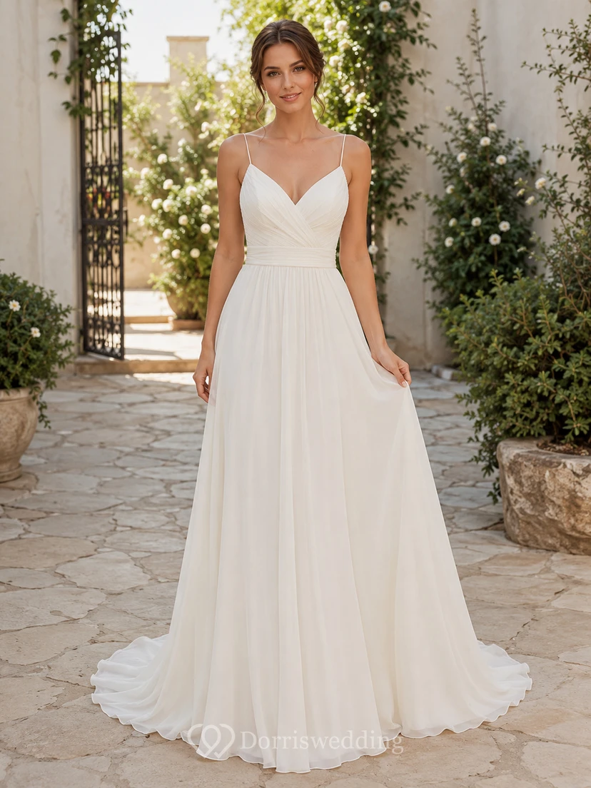 Minimalist Chiffon Wedding Dress A-Line Spaghetti Strap Sweep Train Bridal Gown