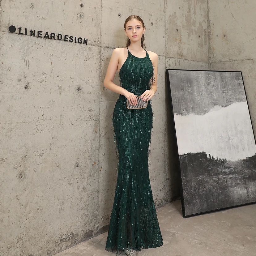 Vestido de noche elegante con borla de hilo de seda de poliéster y lentejuelas estilo cola de pez para banquetes, reuniones y eventos. Ideal para anfitriones. Modelo de coche. Otoño. view 15