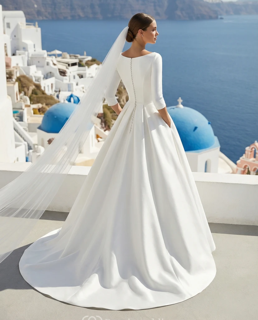 Boat Neck Plus Size Satin Wedding Gown with Pockets view 2