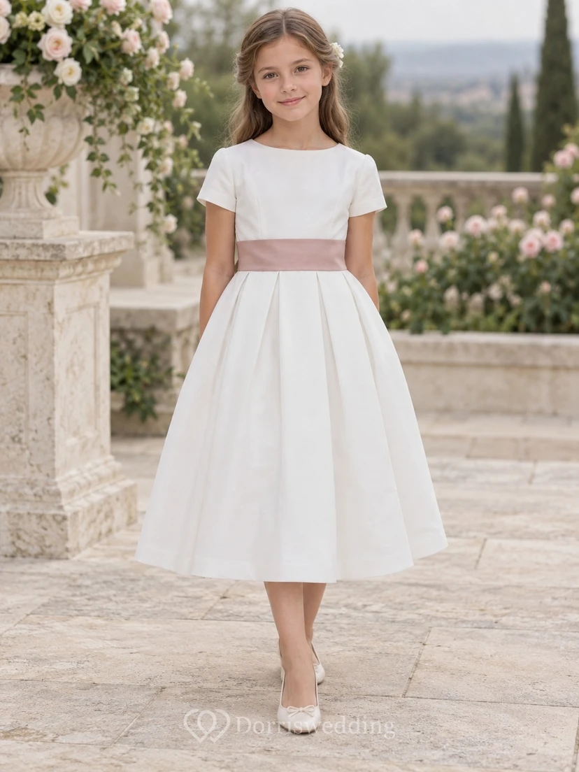 Simple Modest Tea-length White Bateau Short-sleeve Broad-pink-waisted Pleated Zipper-back Flower Girl Dress
