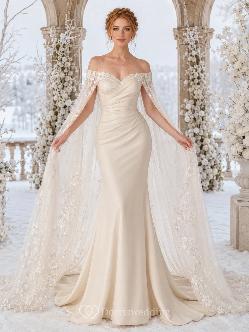 Vestido de novia formal de corte A, modesto, de manga larga y hombros descubiertos.