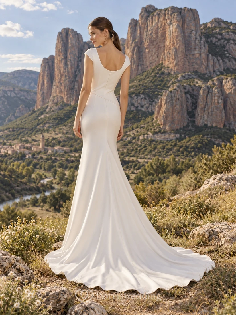 Vestido de novia moderno y sencillo de satén elástico con escote redondo, mangas cortas, corte sirena, cola larga y espalda descubierta. view 2