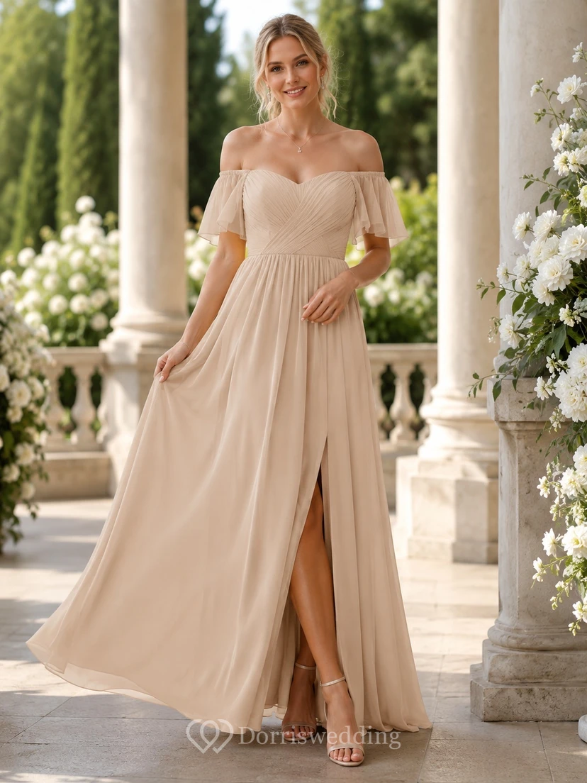 Champagne Bridesmaid Dress A-Line Chiffon Off-the-Shoulder Flutter Sleeve Slit Romantic Garden Gown