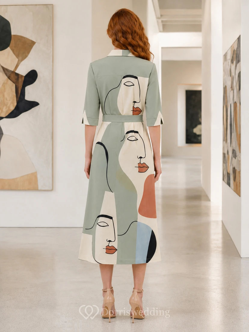 Vestido midi con cuello y botones de camisa con estampado abstracto de cara color salvia view 2