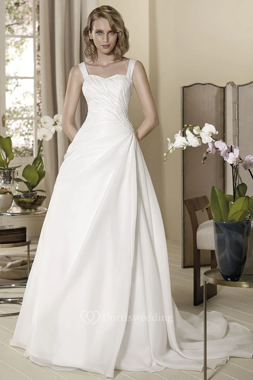 A-Line Floor-Length Sleeveless Strapped Beaded Wedding Dress With Side Draping