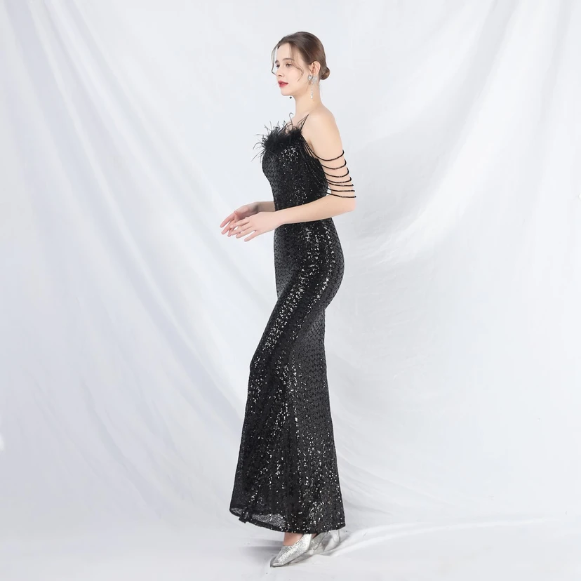 Craft Beaded Ostrich Feather Fantasy Sequined Long Evening Dress view 66