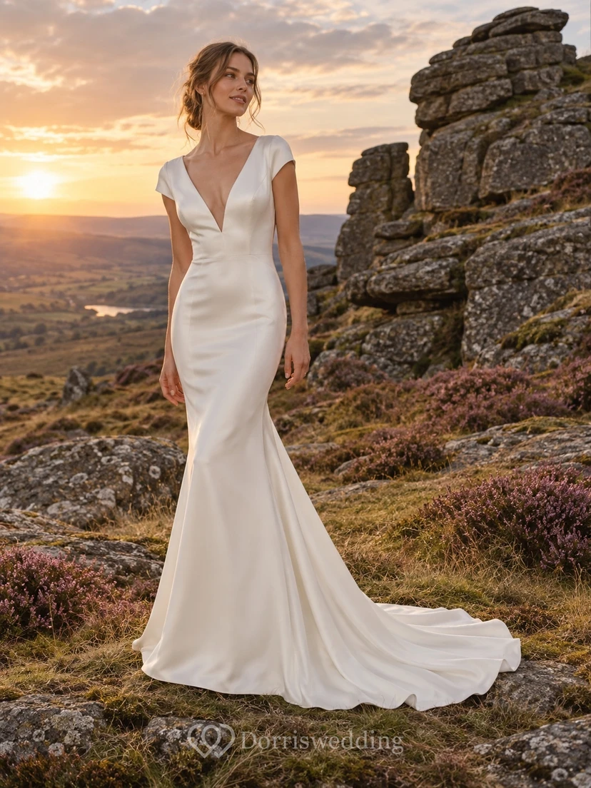 Vestido de novia sencillo de satén con escote en V, manga corta y cola de sirena.
