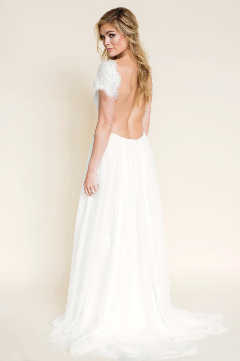 Sheath Short-Sleeve V-Neck Chiffon Wedding Dress With Lace And Backless Design view 2