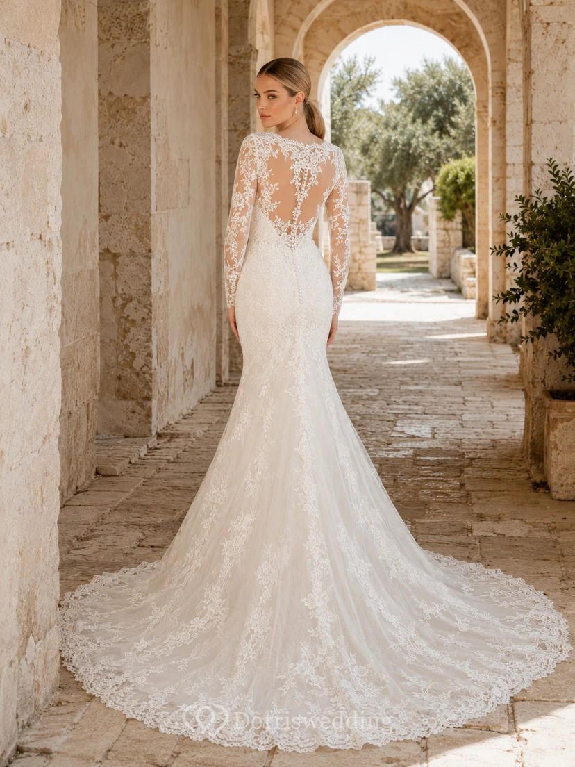 Robe de mariée sirène en dentelle illusion à manches longues et traîne chapelle, style modeste, idéale pour une destination. view 2