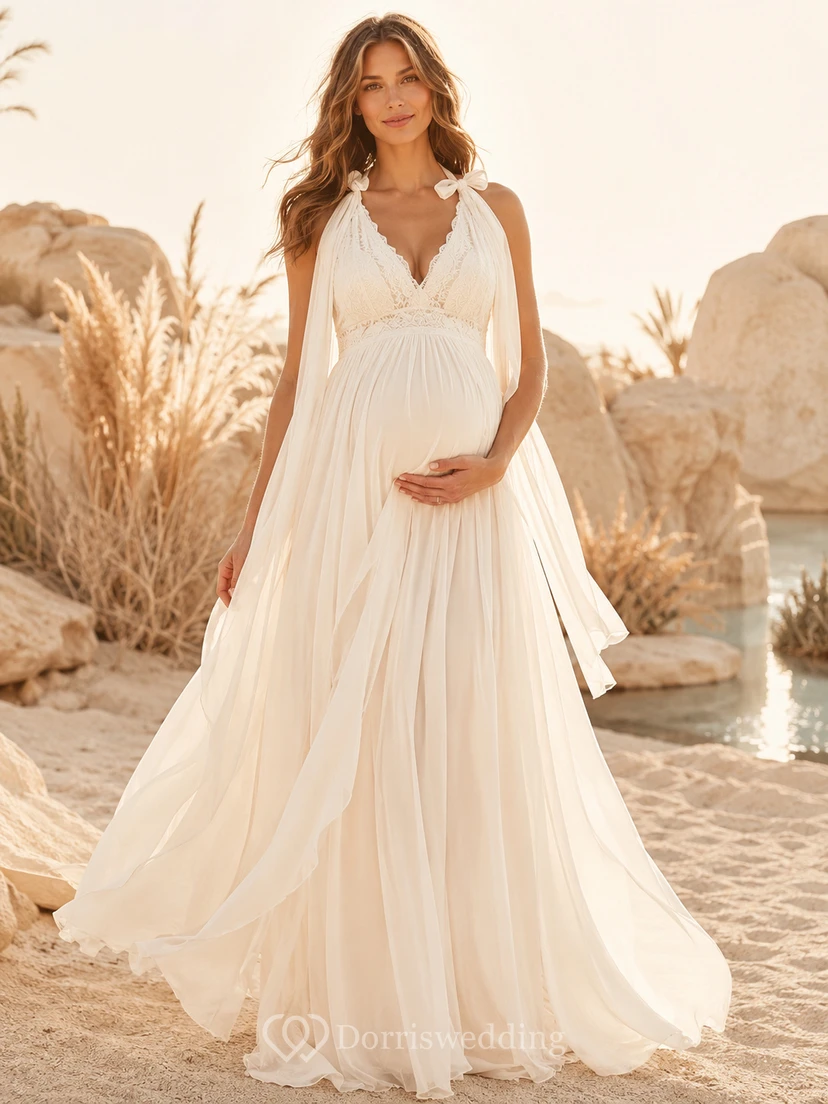 Maternity Halter V-Neck Empire Chiffon Backless Wedding Dress