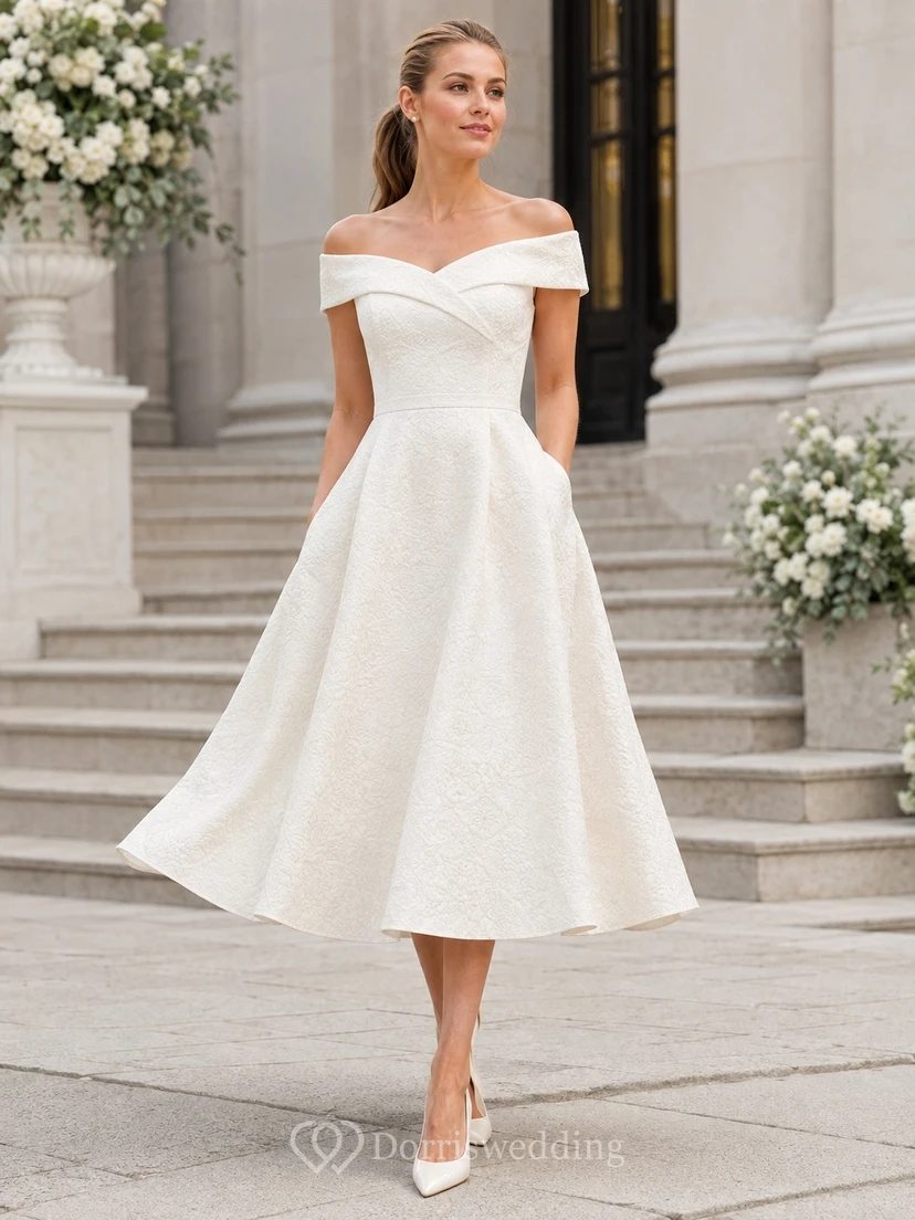 Simple Vintage Civil Tea-Length Satin A-Line Off-Shoulder Wedding Dress