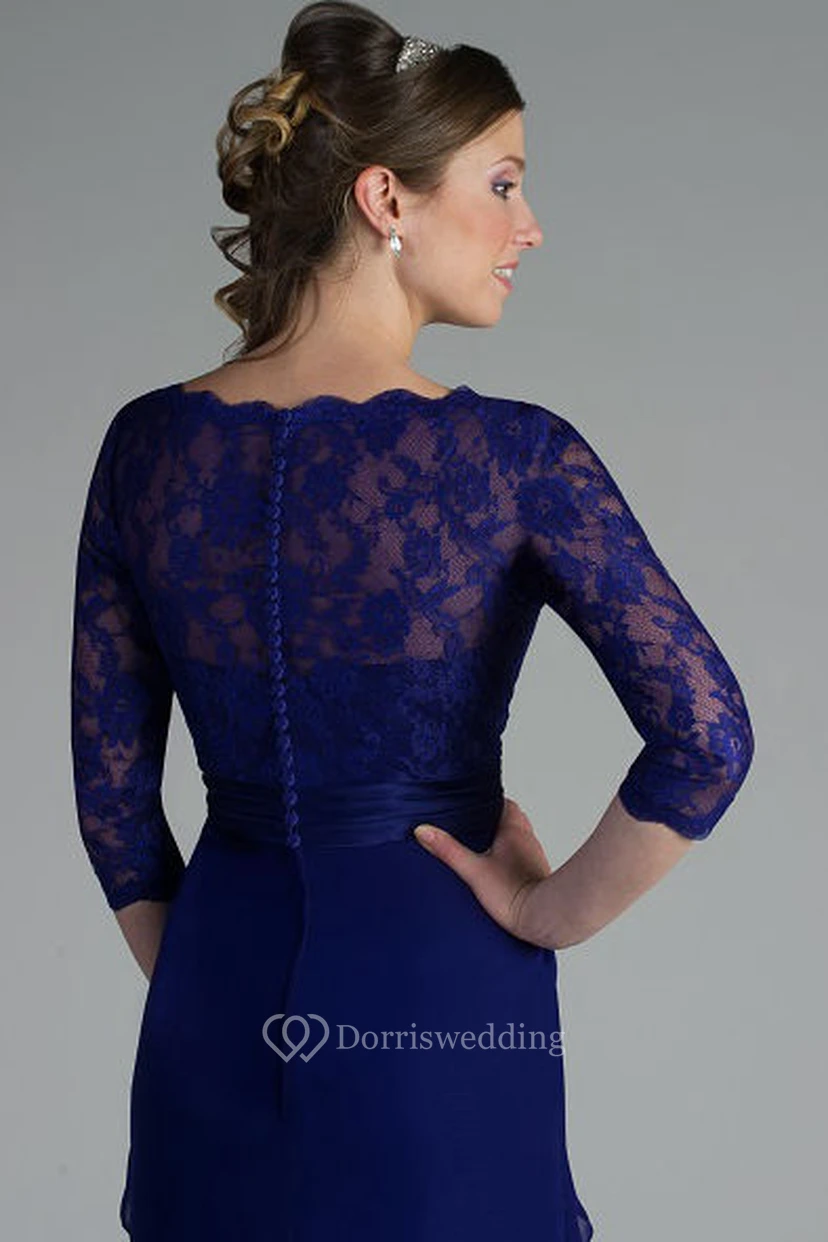 Etuikleid mit 3-4 Ärmeln, bodenlang, V-Ausschnitt, drapierter Spitze und Chiffon, passend zur Brautmutter, mit Brosche view 2