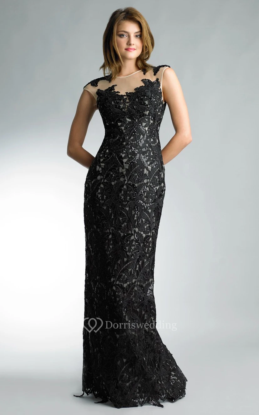 Sheath Floor-length High Neck Short Sleeve Lace Zipper Dress