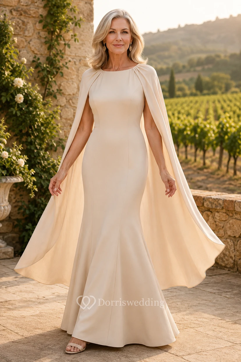 Champagnerfarbenes Meerjungfrauen-Kleid mit Cape im Bateau-Stil