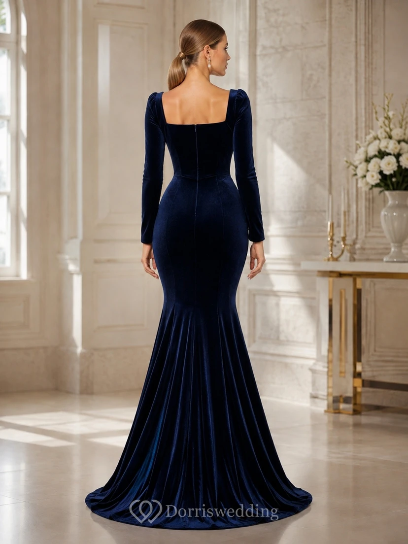 Ink Navy Sexy Luxury Square Long-Sleeve Velvet Draped Mermaid Floor-Length Evening Dress