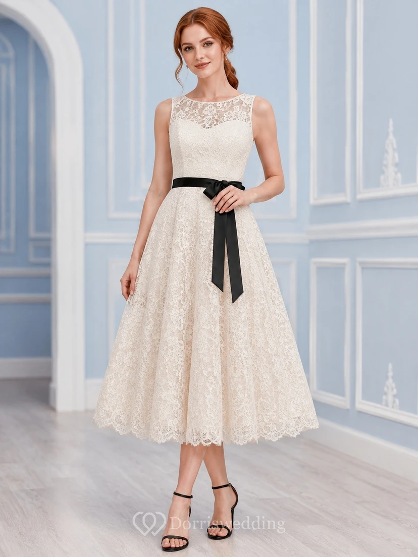 Ivory Lace Tea-Length Homecoming Dress with High Neck Short Cap Sleeves Black Ribbon Waist and Scalloped A-Line Hem